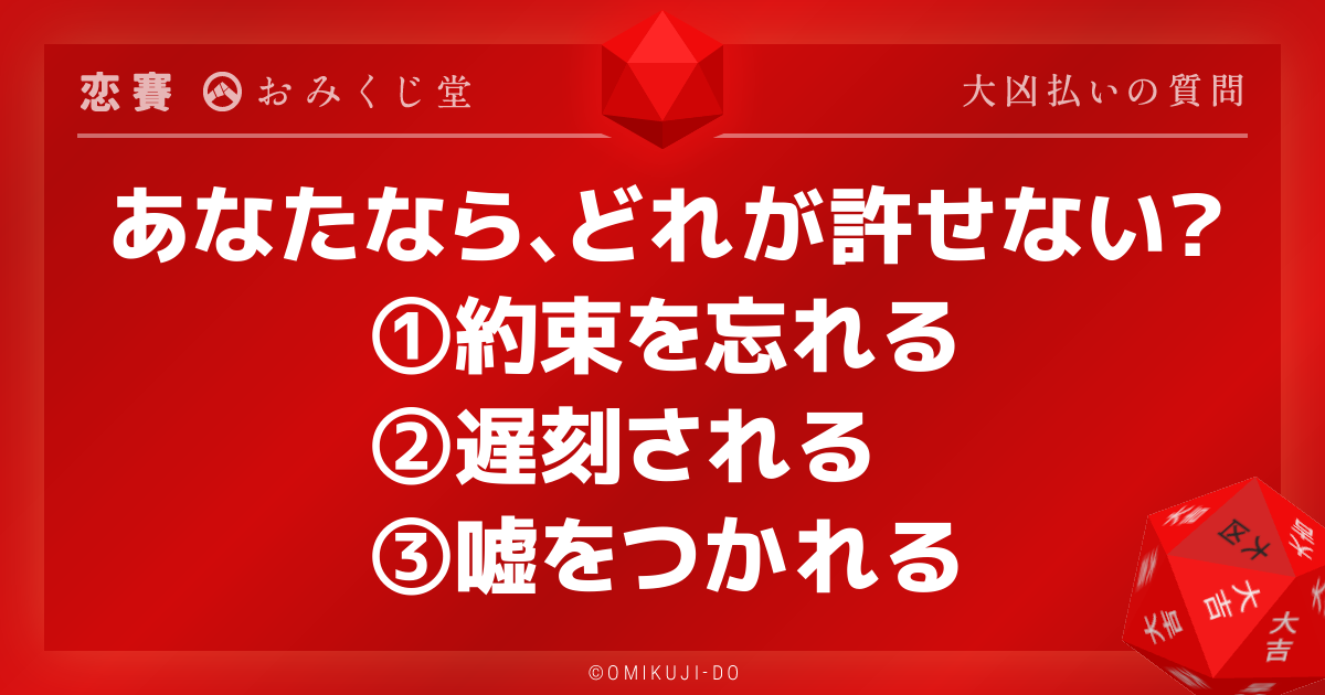 あなたなら、どれが許せない？
①約束を忘れる
②遅刻される
③嘘をつかれる